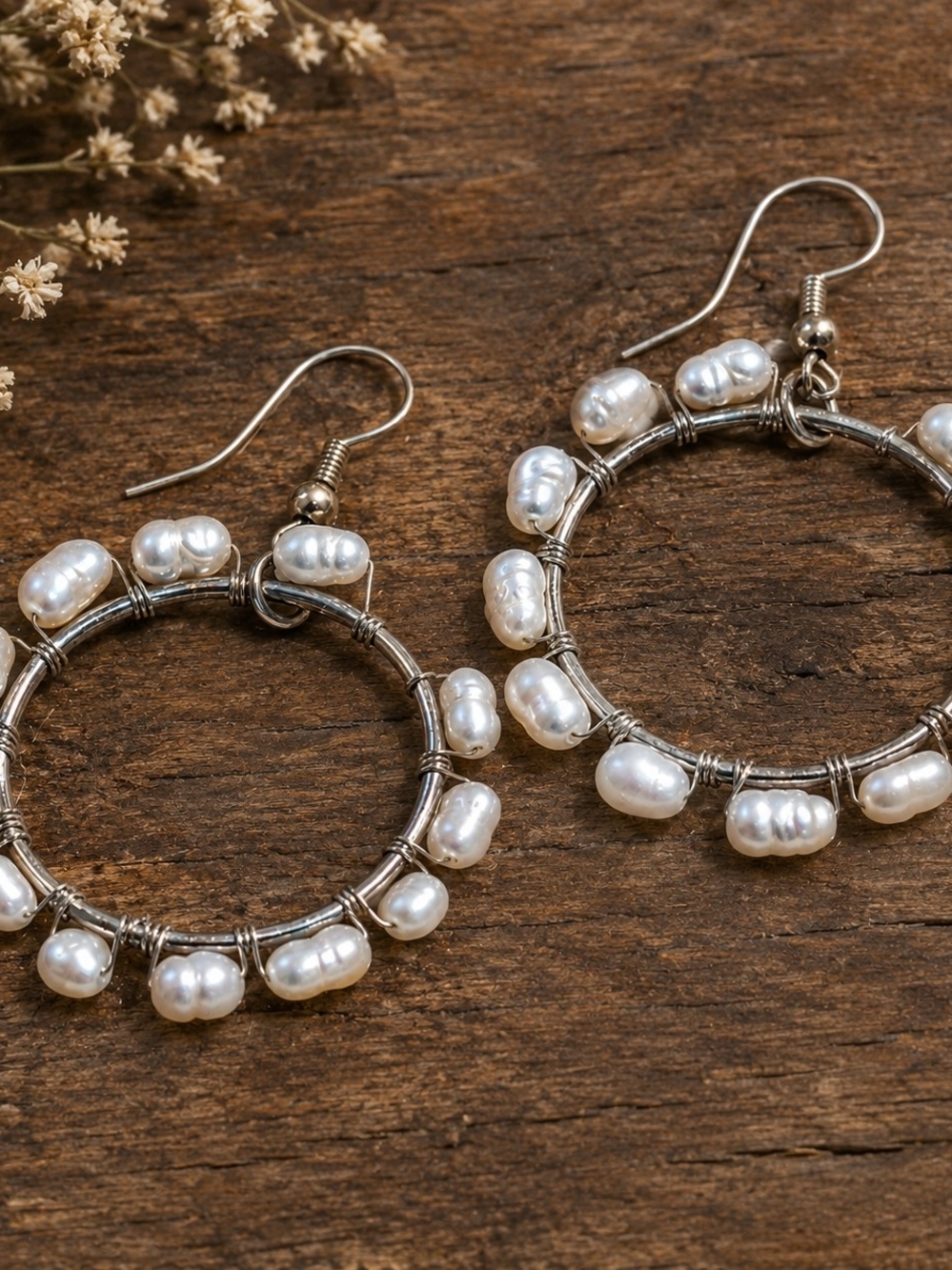 Freshwater Pearl Hoop Earrings Wire Wrapped White Pearl Dangle Earrings Boho